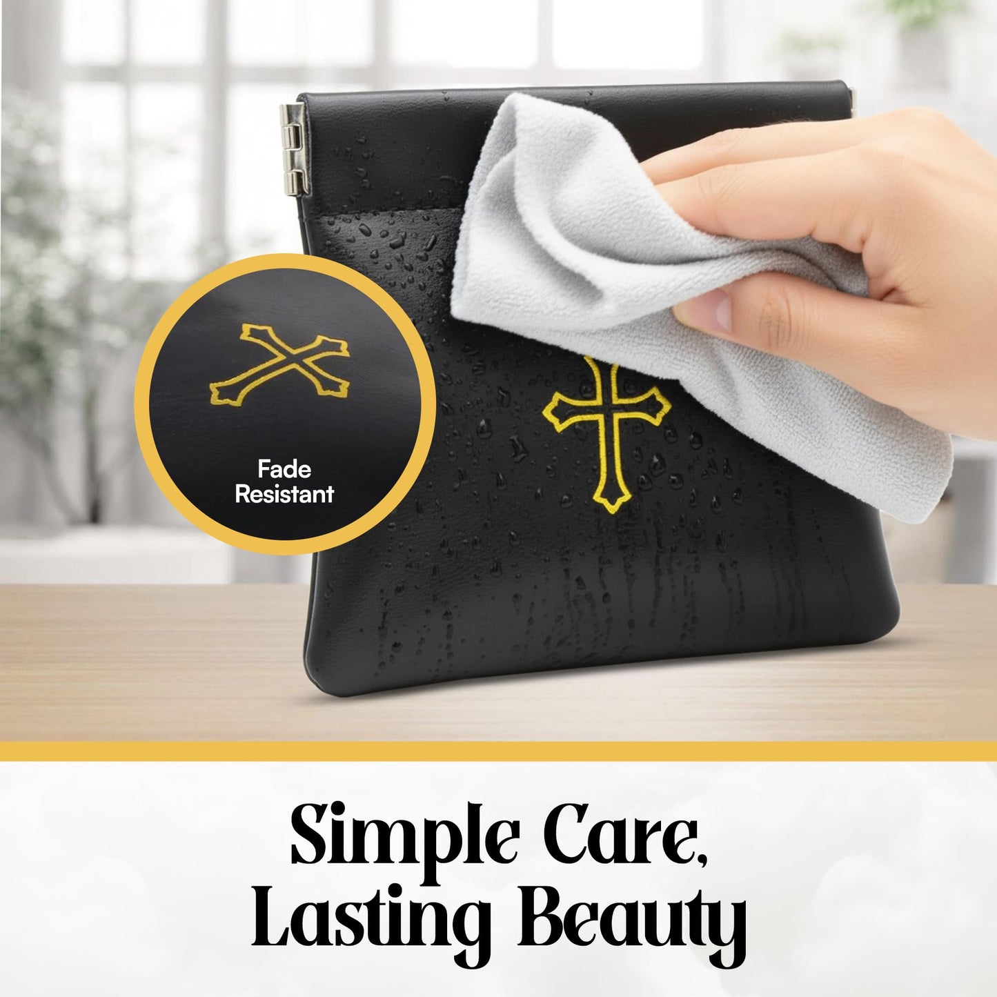 Squeeze-Top Faux Leather Rosary Pouch - Compact White Case for Rosary Beads with Cross Imprint - Keeps Prayer Beads Protected for Travel - Fits Easily in Purse, Pocket, Car, Retreats & Church Use