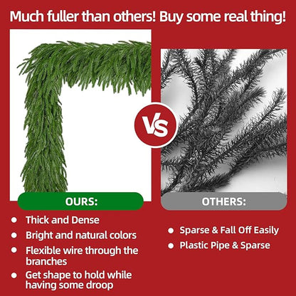6 Ft Norfolk Pine Christmas Garland - Artificial Faux Pine Needles Real Touch Winter Garland - Indoor/Outdoor Holiday Greenery Garlands for Fireplace Mantle, Staircase, Window Decor