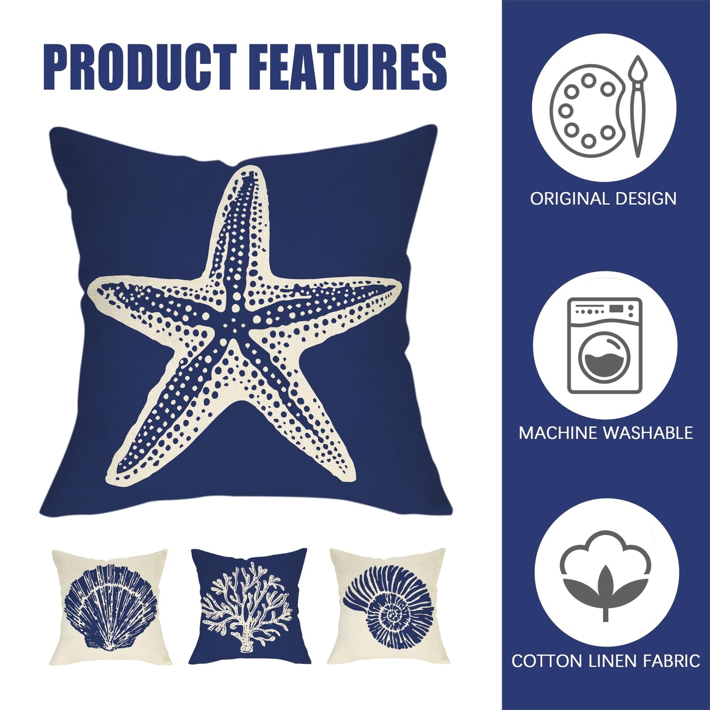 Fahrendom Beach Dark Blue Decorative Throw Pillow Covers 18 x 18 Set of 4, Coastal Sea Conch Starfish Coral Porch Patio Outdoor Pillowcase, Nautical Ocean Spring Summer Sofa Cushion Case Home Decor