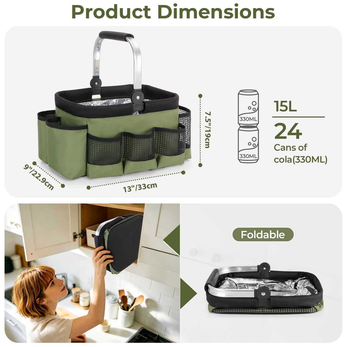 PGmoon Grill and Picnic Caddy, Foldable BBQ Tool Caddy with Rotated Handle, Multi-Pocket Grill Utensil Storage Bag for Outdoor Camping Picnic Patio Barbecue Accessories, Green