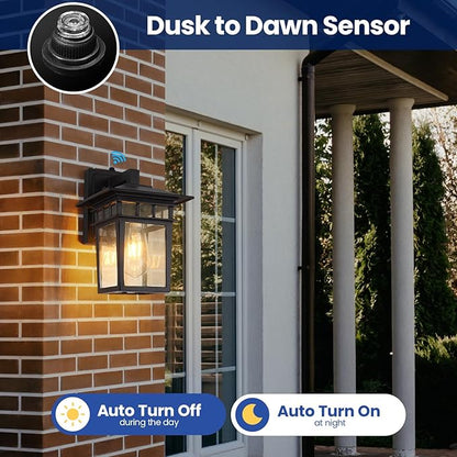 Outdoor Wall Lantern, Exterior Lighting Fixtures Wall Mount, 2 Pack Black Outdoor Sconce with Seeded Glass, Dusk to Dawn Exterior Porch/Patio Lights for House Front Door Garage