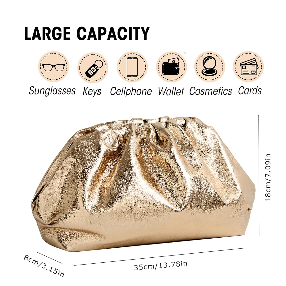 MXCMXC Women’s Evening Bag Vegan Leather Pleated Dumpling Clutch Purse, Soft Evening Handbag for Weddings, Proms, Parties, Formal (Gold)