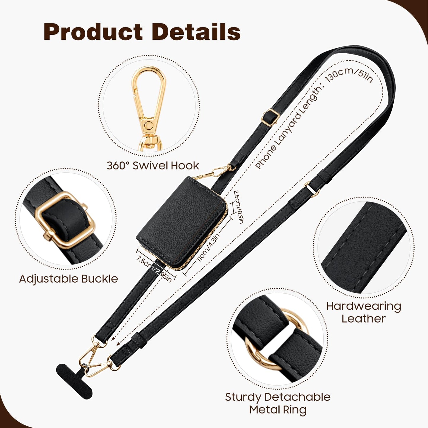 TiMOVO Phone Lanyard, Strap with Leather Wallet Pouch, Universal Crossbody Phone Lanyard Adjustable Neck Strap, Compatible with Most Smartphones, Black