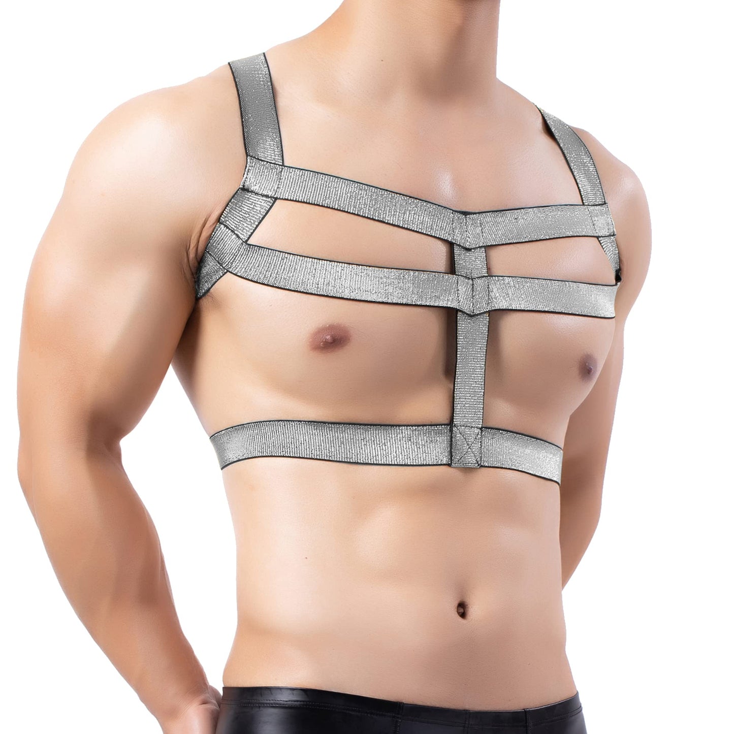 Man Harness Belt Body Chest Elastic Halter Nylon Shoulder Strap Club Wear Tops Black Silver