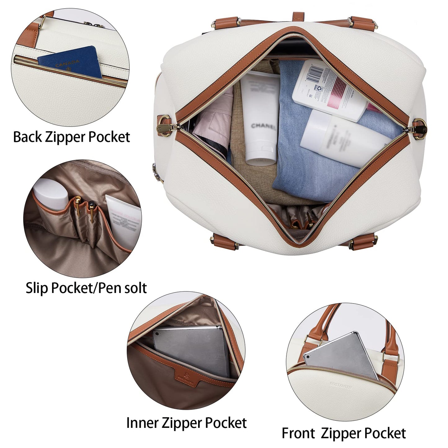 BOSTANTEN Weekender Bags for Women Leather Travel Duffle Bag Carry On Large Tote Duffel with Shoe Compartment and Trolley Sleeve