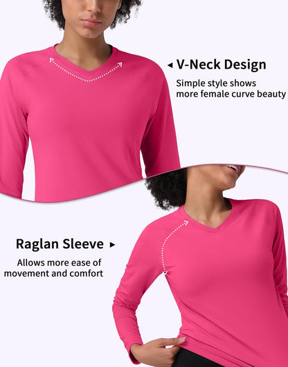 Pioneer Camp Women's UV Sun Protection SPF Shirt V Neck UPF 50+ Long Sleeve Workout Tops Quick Dry Rash Guard Hiking Running Rose Pink