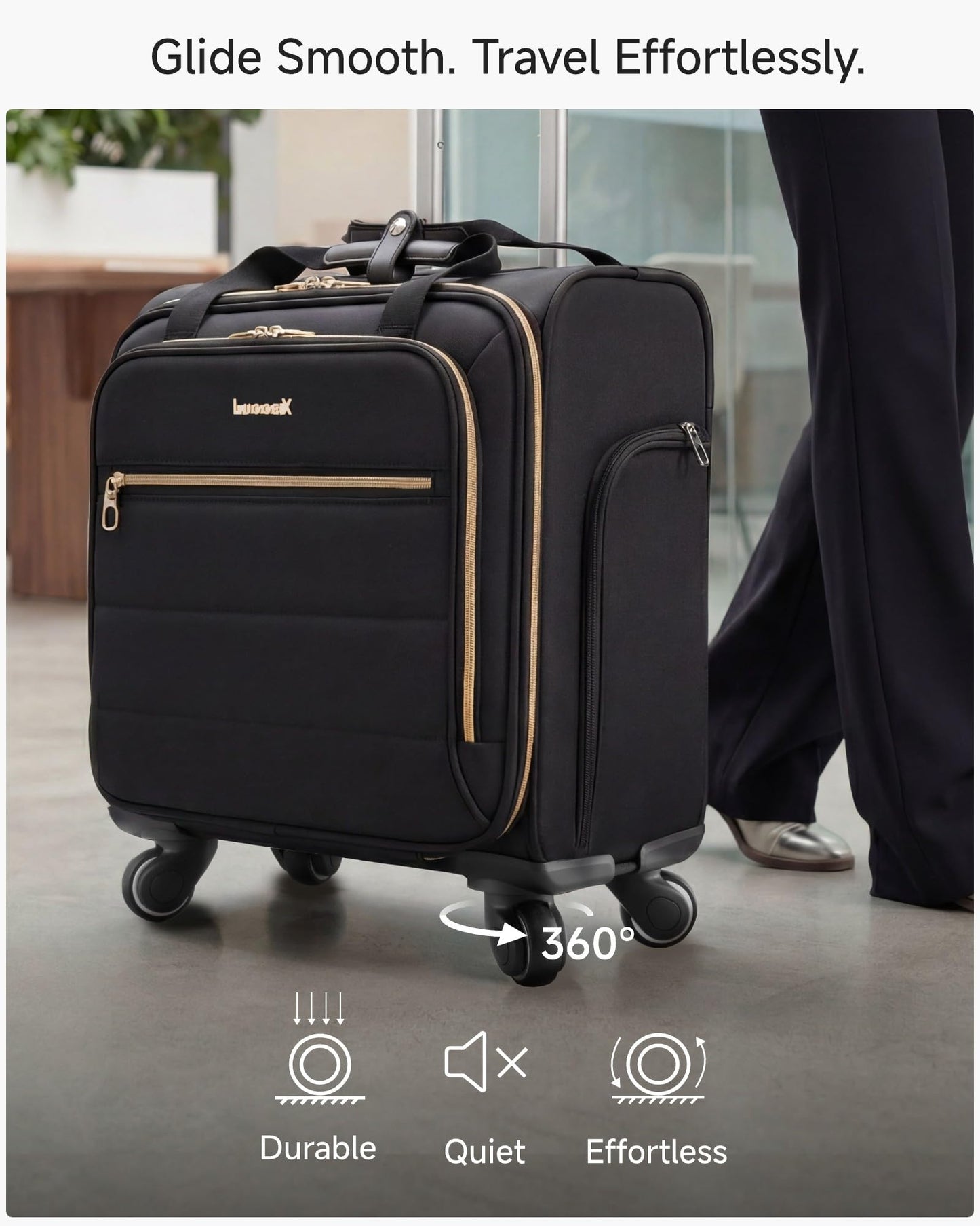 LUGGEX Rolling Laptop Bag with Wheels, 17.3" Soft Sided Laptop Rolling Briefcase with 4 Spinner Wheels - Lightweight Carry On for Business Travel Overnight (UDS-Core, Black, 18 Inch)