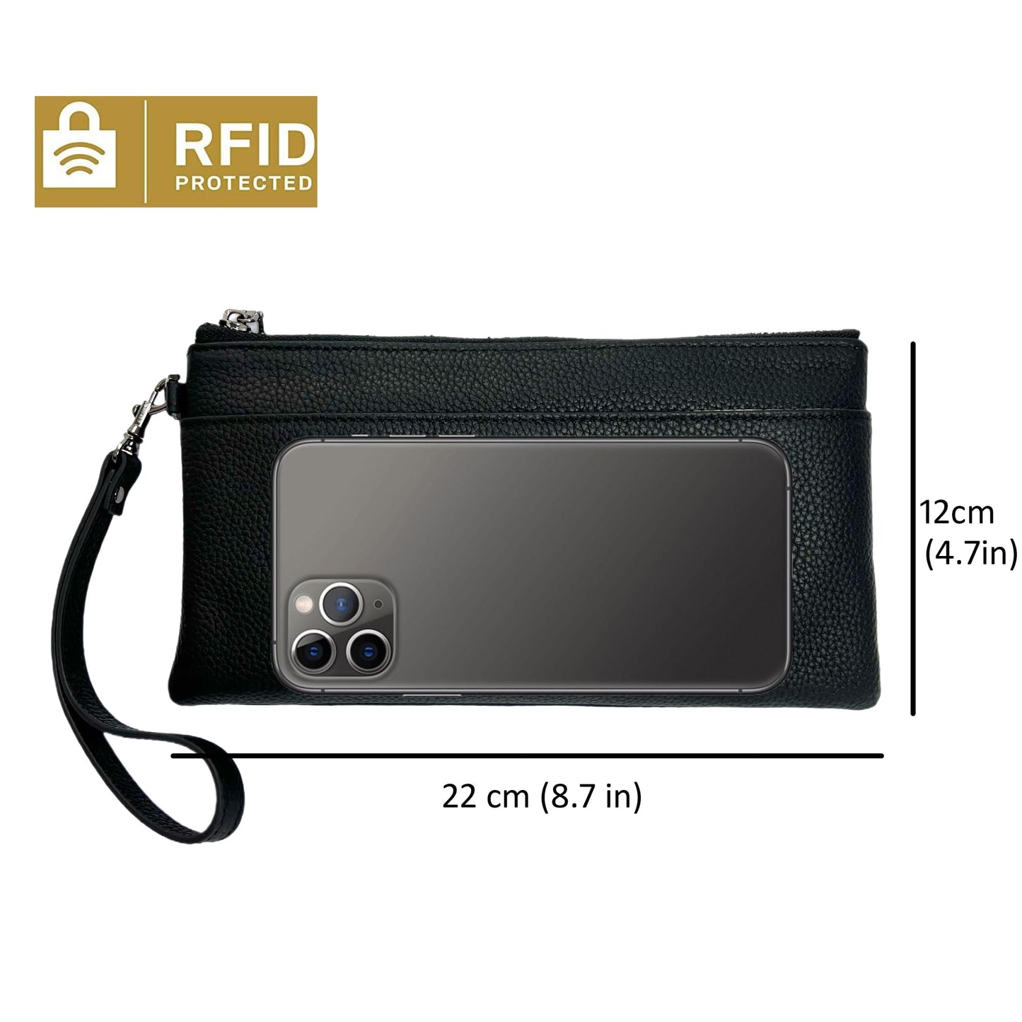 EChoSYDBel Genuine Leather Wristlet Clutch RFID Blocking Handbag Cell Phone Purse Wristlet Zipper Wallet Purses and Bags for Women Men (Black)