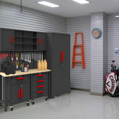 TCE Garage Cabinets Storage System: 6 Piece Set with Lockers and Workbench for Home, Office, Gym, School, Black/Grey
