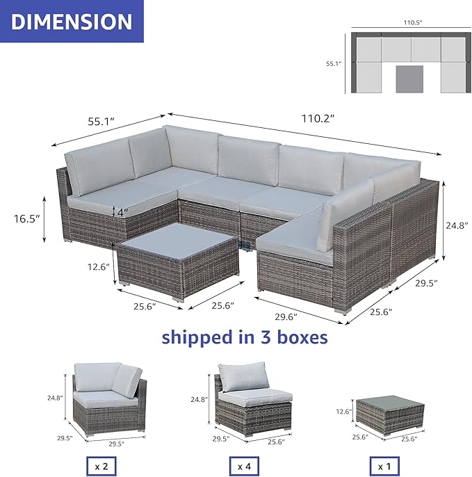Patiorama 7 Pieces Outdoor Patio Furniture Set, All Weather Grey PE Wicker Rattan Sectional Conversation Set, Porch Garden W/Built-in Glass Table, Seat Clips, Light Grey Cushions