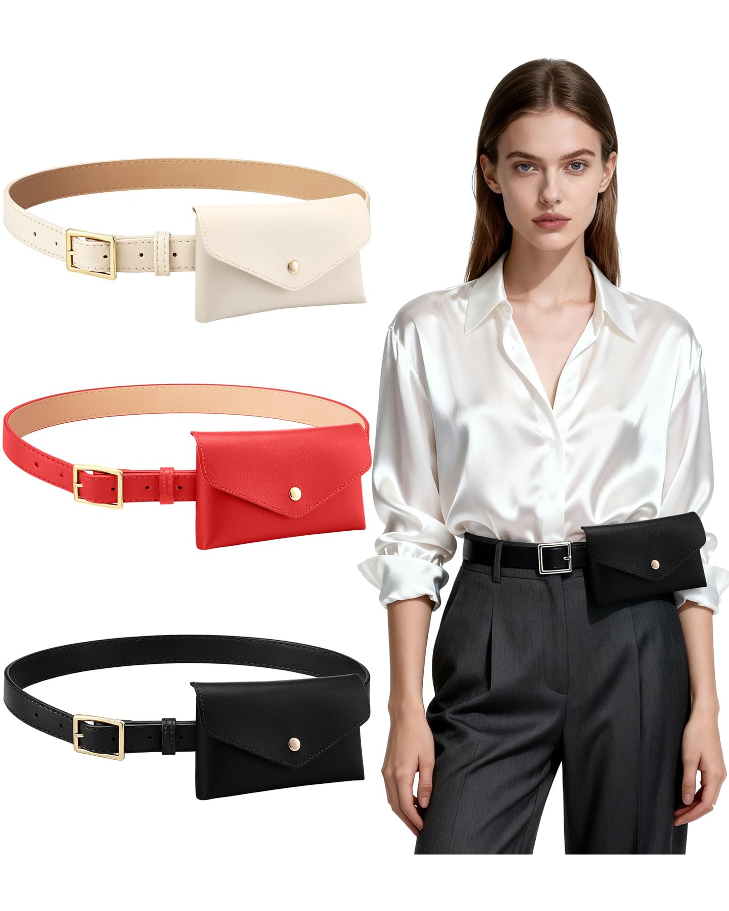 Shihanee 3 Pcs PU Leather Waist Belt Bags for Women Adjustable Fashion Mini Waist Pouch Equestrian Belt Bags for Fashion Party Riding Hiking Daily Use Y2k Accessory (Black,Beige,Red)