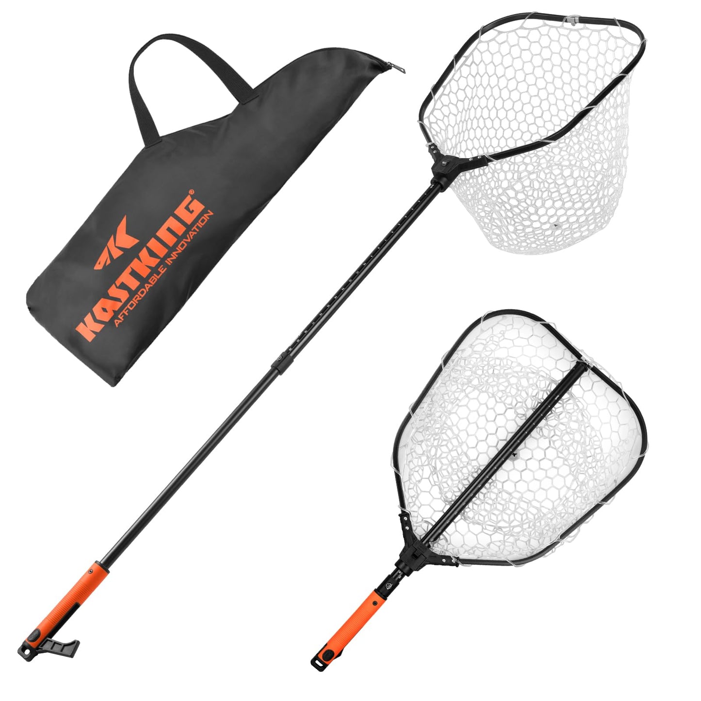 KastKing Brutus Fishing Net with Boat Hook, Foldable, Extendable, Lightweight & Strong Fish Landing Net, Non-Slip & Bright Orange TPR Handle, Fishing Gift for Men