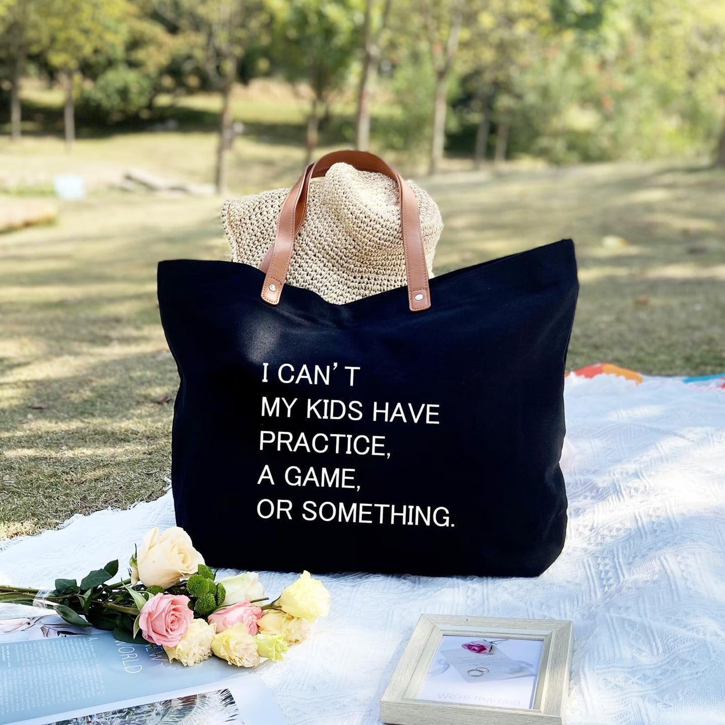 Lamyba I Can't My Kids Have Practice A Game or Something Tote Bag,Sports mom,Soccer Mom Bag with Zipper,Black