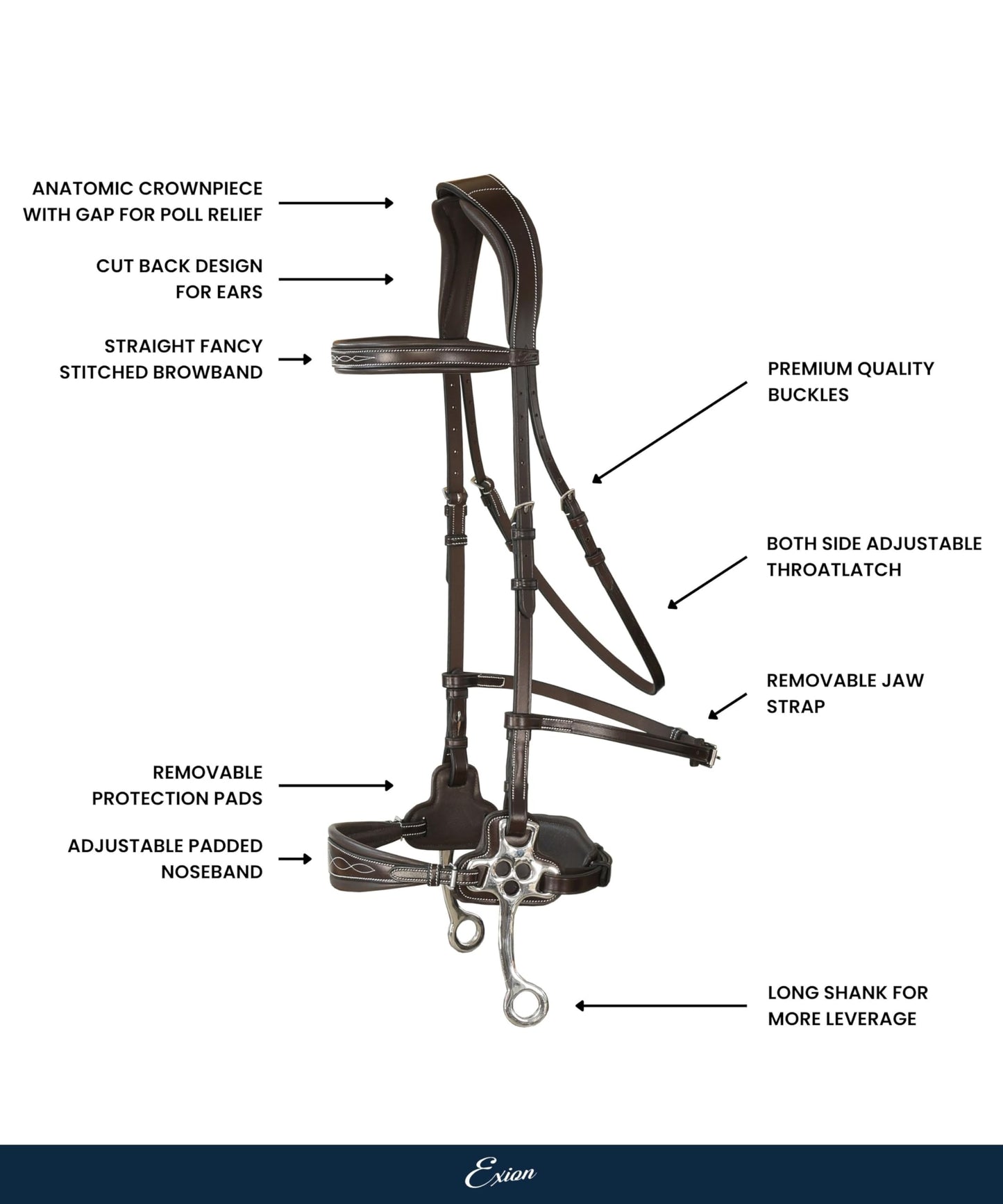 Exion Nova Hackamore Bridle – Anatomical Bitless Horse Bridle with Rubber Reins – Padded Anti-Pressure Crownpiece – Vegetable-Tanned Leather Bitless Bridle for Jumping & Training
