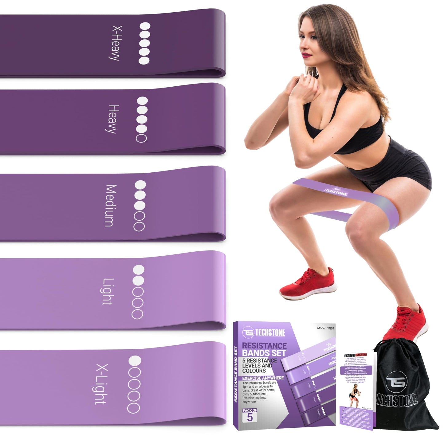 TechStone Resistance Bands Set for Men and Women, Pack of 5 Different Levels Elastic Band for Home Gym Long Exercise Workout – Great Fitness Equipment for Training, Yoga – Free Carrying Bag