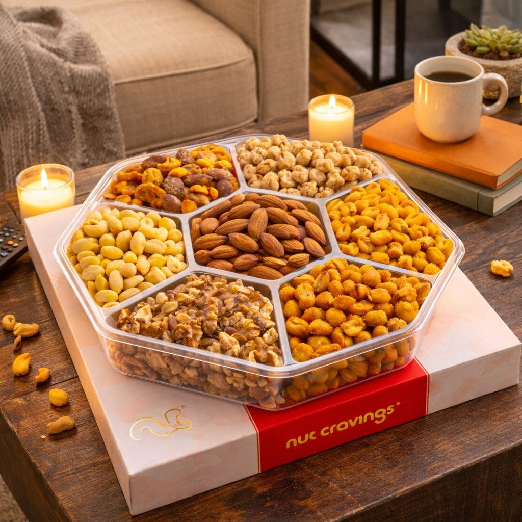 NUT CRAVINGS - Mixed Nuts Gift Basket in Red Gold Classic Box (7 Assortments, 1 LB) Treats for Adults, Food Arrangement, Healthy Snack Care Package, Kosher