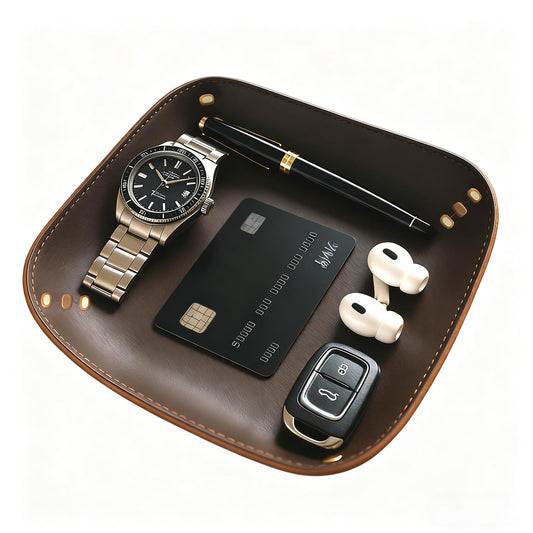 Genuine Leather Valet Tray-Handmade Brown Leather Catchall Organizer for Desk, Nightstand Bedside Desk & Entryway Table Storage Tray for Keys, Phone, Wallet, Coins, Jewelry for Women & Men