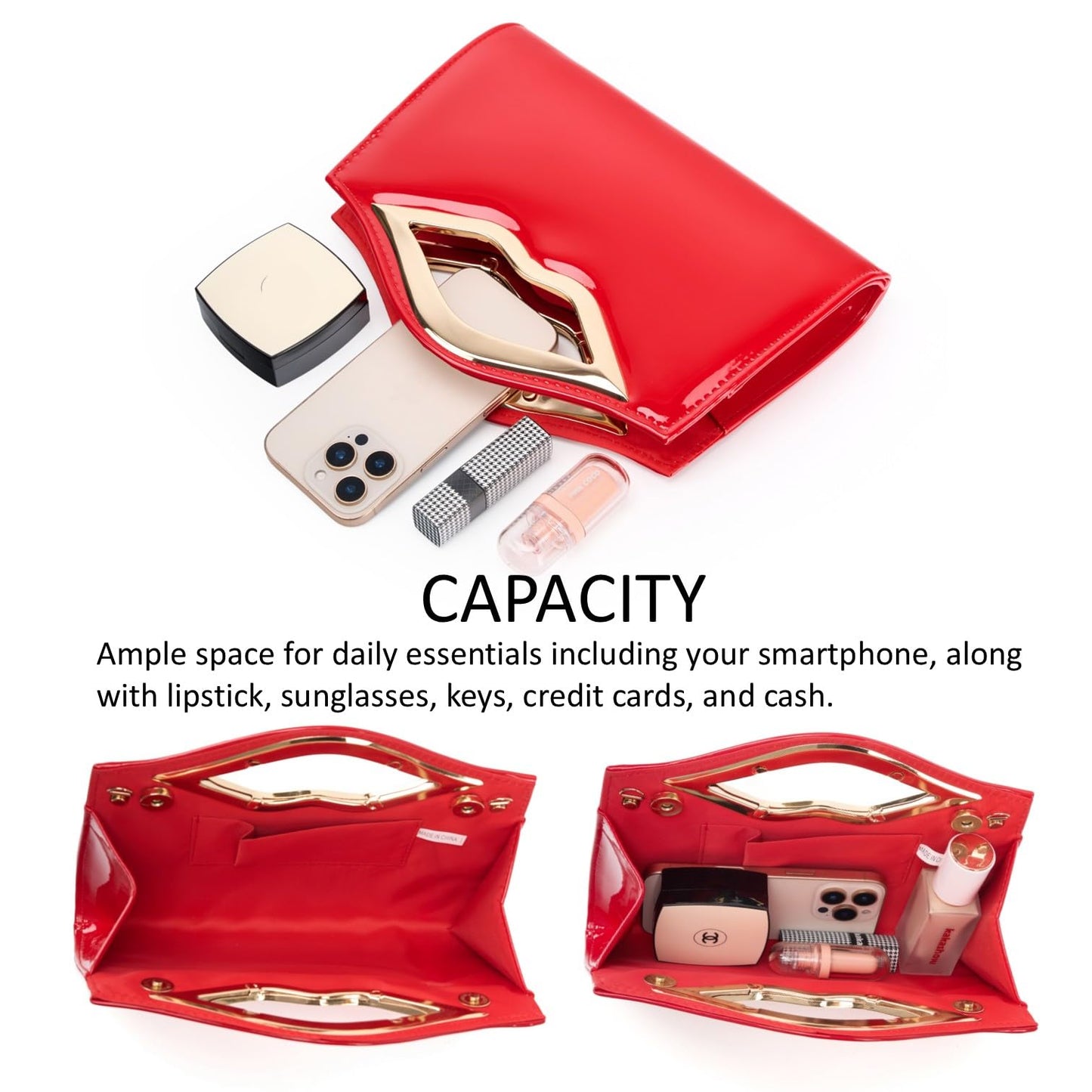 DETARA Patent Leather Evening Clutch Purse for Women Lip Metal Grip Handle Handbag for Cocktail Party Prom (Red 1386)