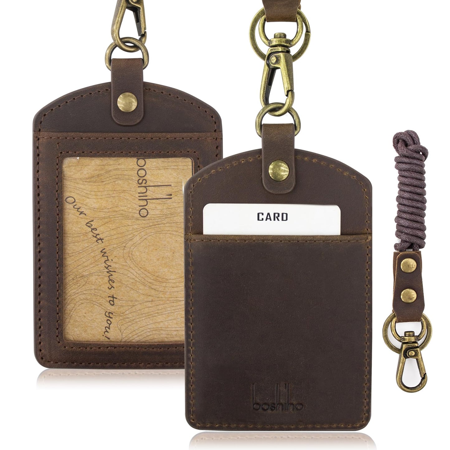 Badge Holder: Boshiho Cowhide Leather ID Badge Card Holder with 19" Neck Lanyard, Vertical Style (Dark Brown)