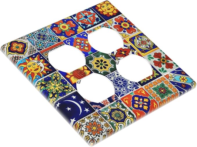 Decorative Light Switch Cover Plate Traditional Colorful Talavera Mexican Spanish Moroccan Tiles 2 Gang Socket Covers Double Duplex Wallplates Switch Plates and Outlet Covers for Kitchen Bathroom