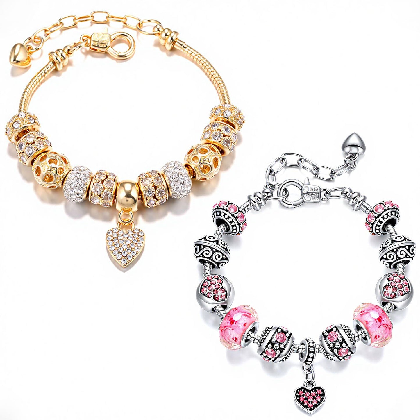 VTEAS 2 Pack Charm Bracelets Pink and Gold Heart Silver Plated Charm Bracelet, DIY Jewelry for Women Gifts, with Beads, Crystal, Charms, Love and Adjustable Snake Chain, Fits 7.5"+1.5"