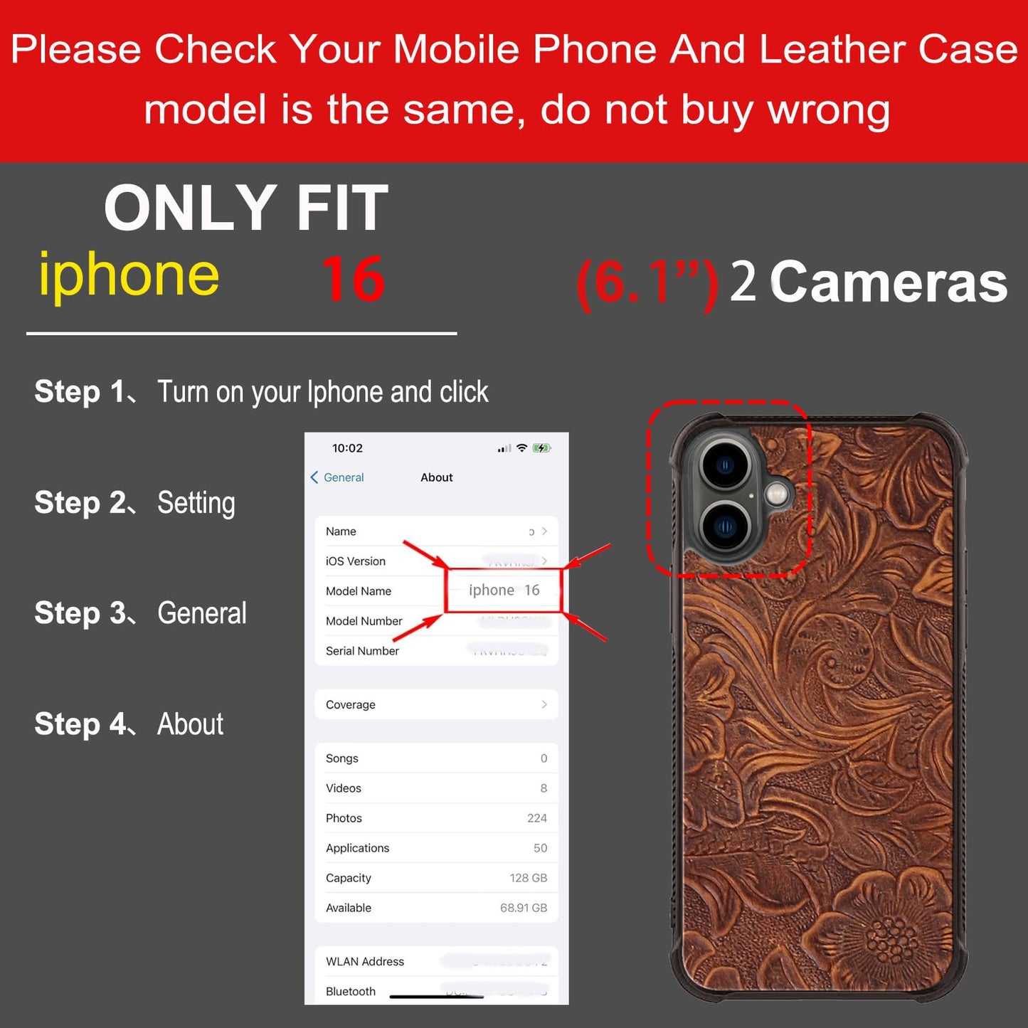 RMAWRAD Wallet Real Leather Case Compatible with iPhone 16 6.1" ，Genuine Leather，Shockproof, Anti-Fall Case, Flip Cover, with Card Slot, Double Magnetic Buckle, Kickstand, Durable Brown