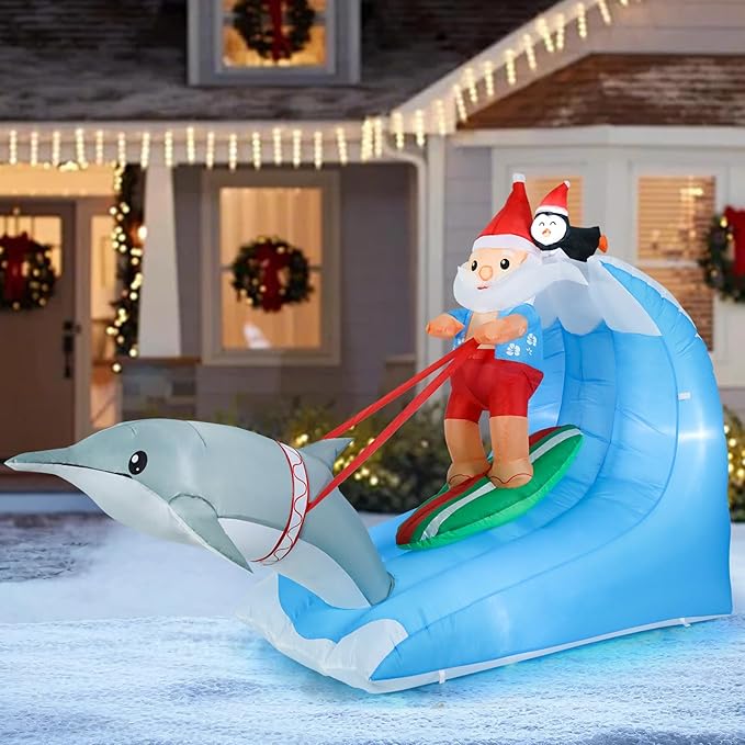 Vigdur 8FT Christmas Santa Claus Inflatables, Hawaiian Surfing Santa Blowups with Built-in LED Lights, Hawaiian Christmas Decorations for Holiday Indoor Yard Lawn Garden Outside Home Decor