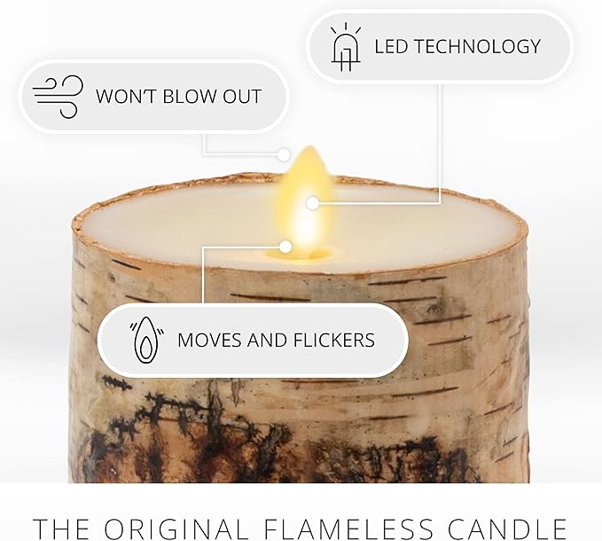 Luminara Realistic Artificial Flame Pillar Candle Wrapped with Real Birch Bark - Moving Flame LED Battery Operated Lights - Unscented - Remote Ready - Remote Sold Separately - 4.0" x 7.0"