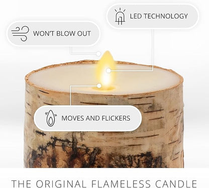 Luminara Realistic Artificial Flame Pillar Candle Wrapped with Real Birch Bark - Moving Flame LED Battery Operated Lights - Unscented - Remote Ready - Remote Sold Separately - 4.0" x 7.0"