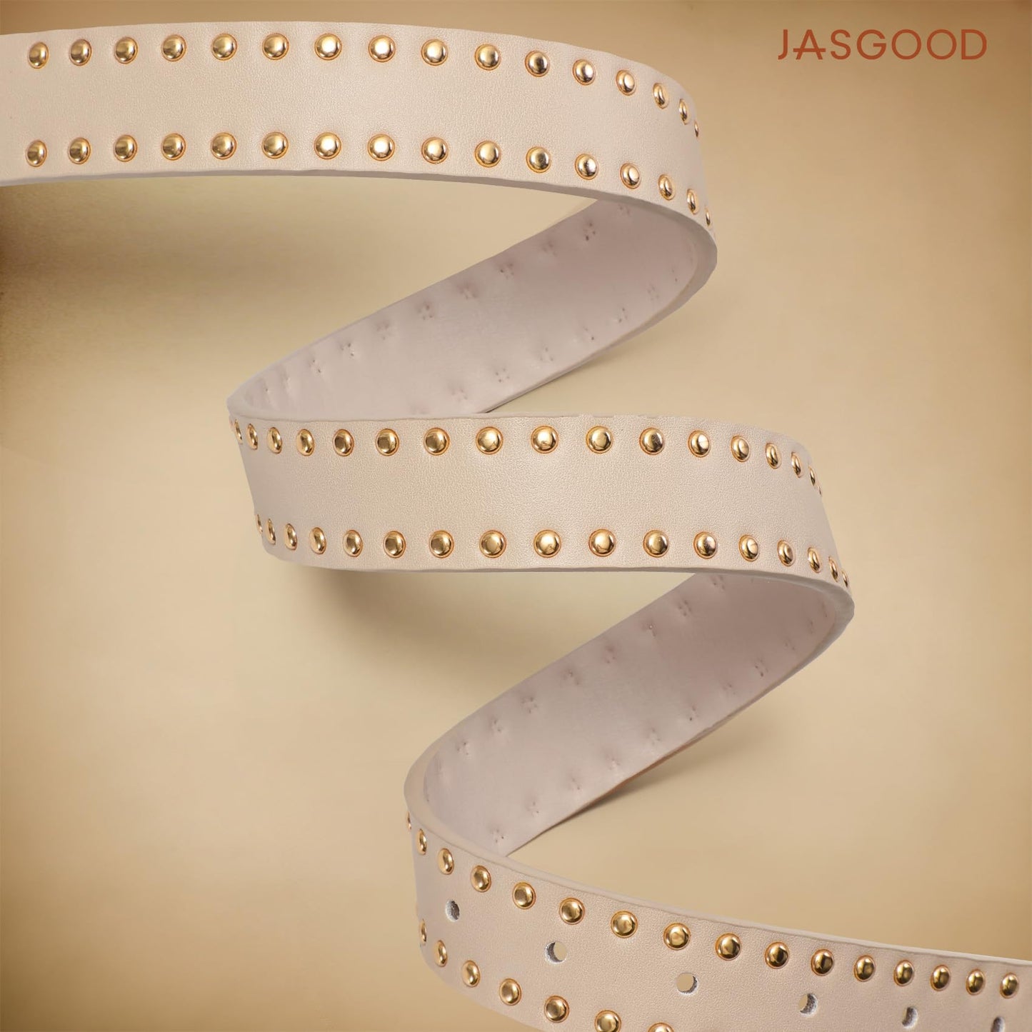 JASGOOD Women Western Belt with Gold Buckle Leather Wide Belts for Jeans Ladies Beige Punk Studded Waist Belts 1.1" Width