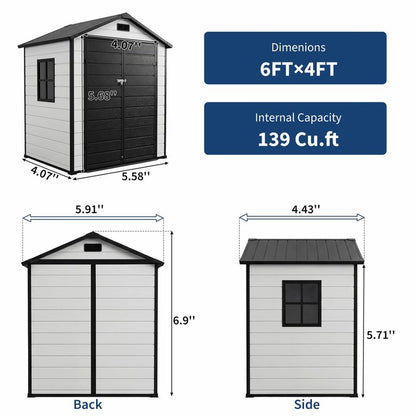Garvee 6x4 FT Outdoor Storage Shed with Floor, Plastic Resin Garden Shed with Window & Sloping Roof & Lockable Door for Patio Backyard Garden, Lawn Mower, Bike, Tool Storage