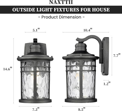 Outdoor Wall Light Fixtures Waterproof Outdoor Porch Light with Water Ripple Glass Black Finish Outdoor Porch Lights Wall Mounts for House 14.6 Inch Height
