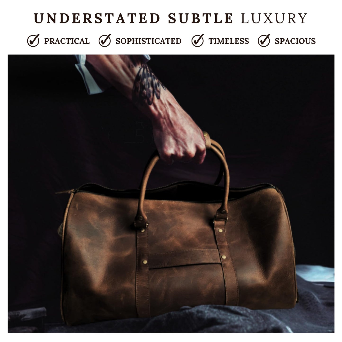 MUSKIE Leather Duffel Bags for Men & Women, 21 Inch Full-Grain Buffalo Leather Distressed Travel Bag with Shoe Compartment & Shoulder Strap