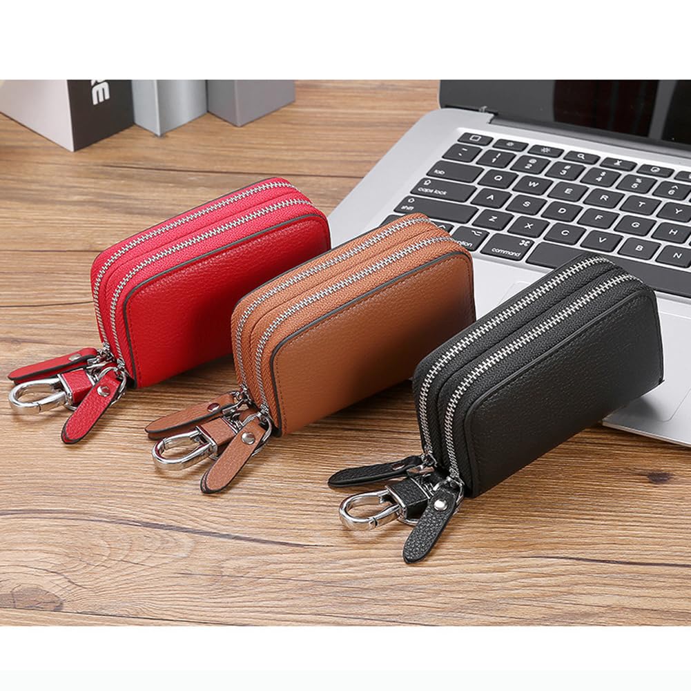 Berfi Life Key Fob Case Genuine Leather, Double Zipper Car Key Holder & Key Wallet with Keychain, Key Pouch for Purse Gift