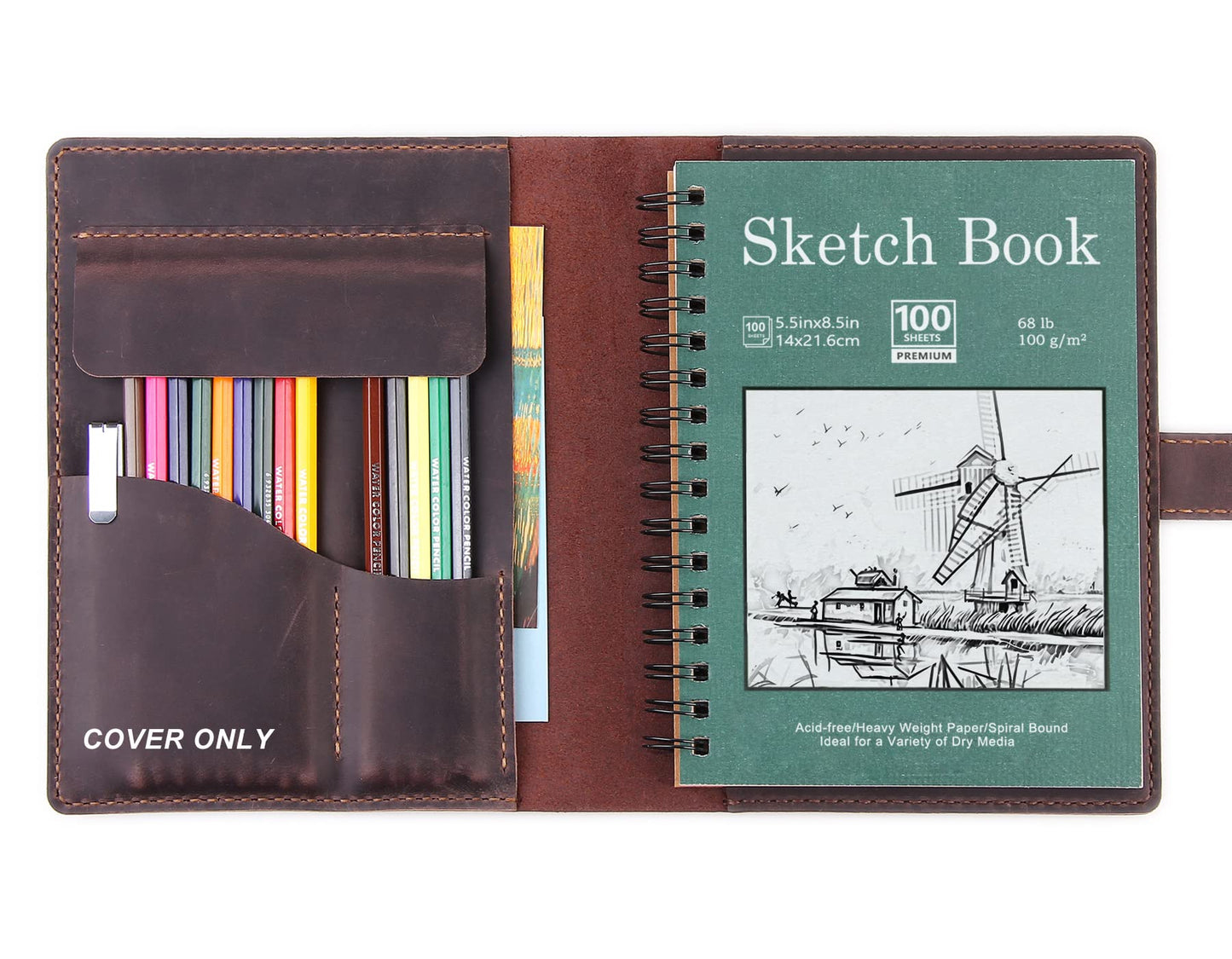 Robrasim Handmade Leather Sketchbook Cover, Leather Artist Sketch Pad Cover for 5.5" x 8.5" Sketchbook, Drawing Book and Pencil Case, Journal Notebook Portfolio, Artis Gifts-Coffee