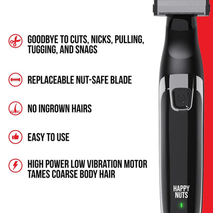 HAPPY NUTS The Ballber™ Electric Body Hair Trimmer for Men - Mens Body Groomer Kit for Privates - IPX7 Waterproof Shaver for Hard to Reach Areas