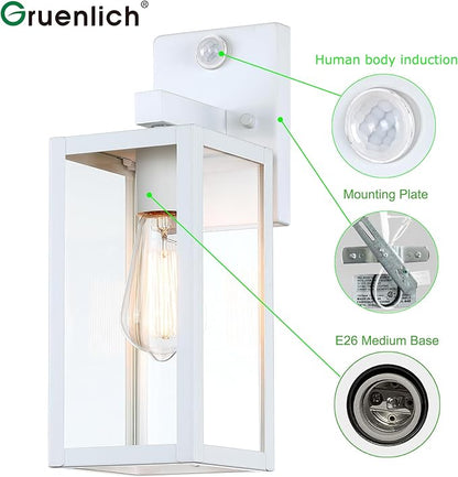 GRUENLICH Dusk to Dawn Large Outdoor Wall Lantern, PIR Motion Sensor Wall Sconce, E26 Base Max 60W, Metal Housing Plus Glass, White Finish, Bulb Not Included, 2-Pack