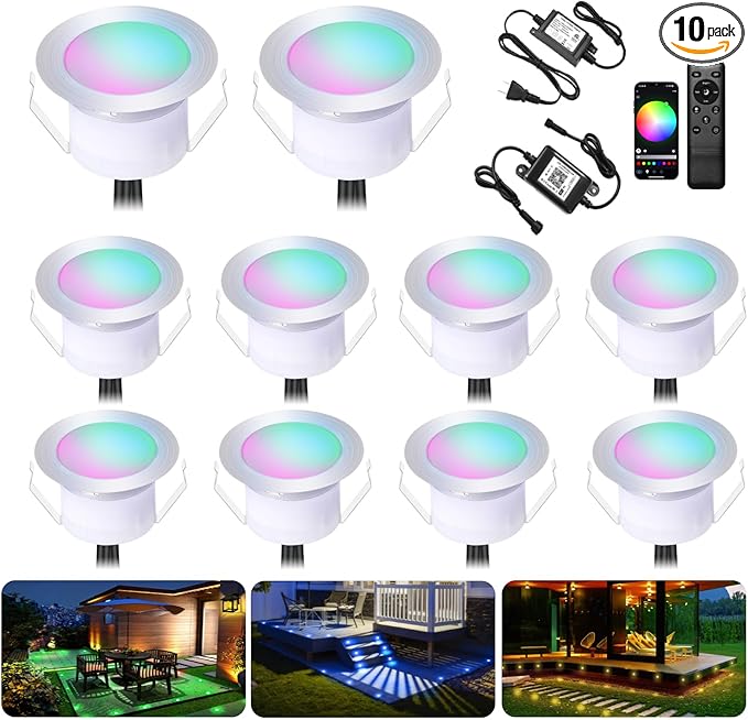 INDARUN φ1.22 Deck Lighting, LED Recessed Deck Lights Outdoor Waterproof, 12V Low Voltage RGB Deck Lamp with Remote, Smart In Ground Landscape Deck Step Lights for Stair, Path, Garden