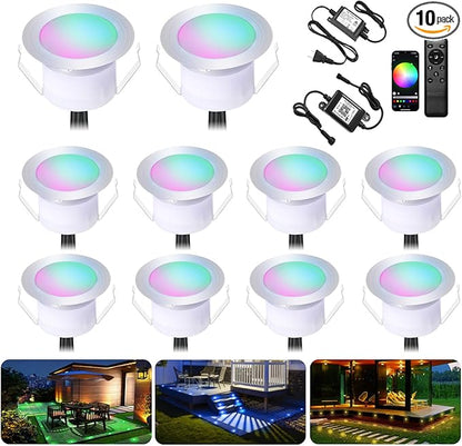 INDARUN φ1.22 Deck Lighting, LED Recessed Deck Lights Outdoor Waterproof, 12V Low Voltage RGB Deck Lamp with Remote, Smart In Ground Landscape Deck Step Lights for Stair, Path, Garden