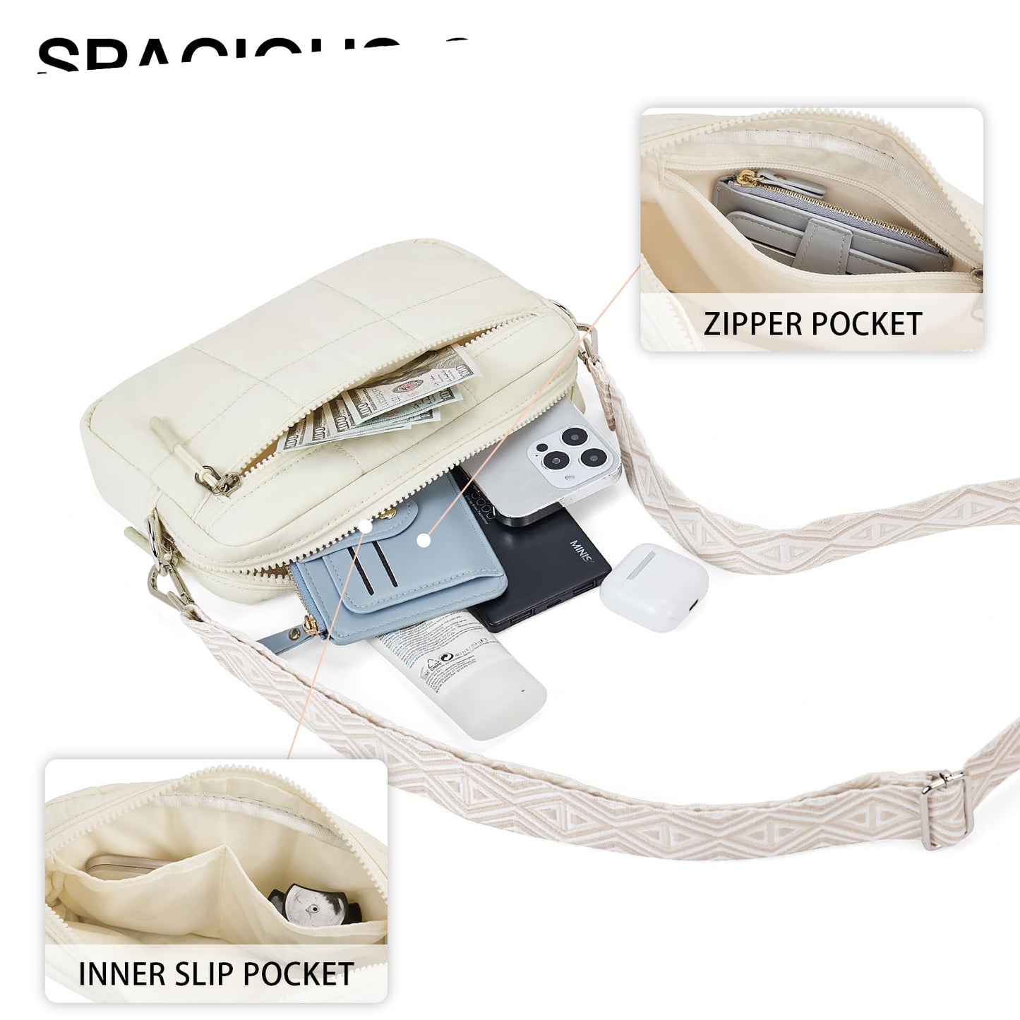 Telena Crossbody Bags for Women Cross Body Purse with Guitar Strap Lightweight Puffer Shoulder Bag for Travel