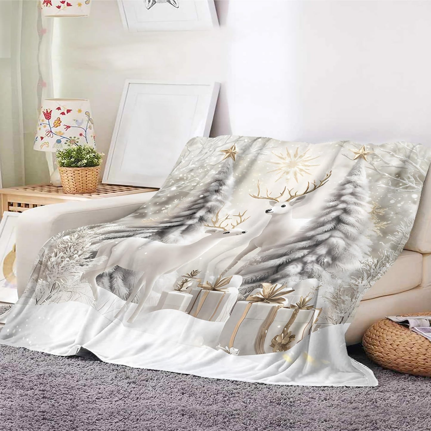 Christmas Reindeer Throw Blanket for Couch Bed Sofa Winter Holiday Cozy Christmas Tree Flannel Blanket with Snow Scene Deer and Pine Trees Farmhouse Christmas Decor Xmas Gifts (Xmas 1, 50''x60'')