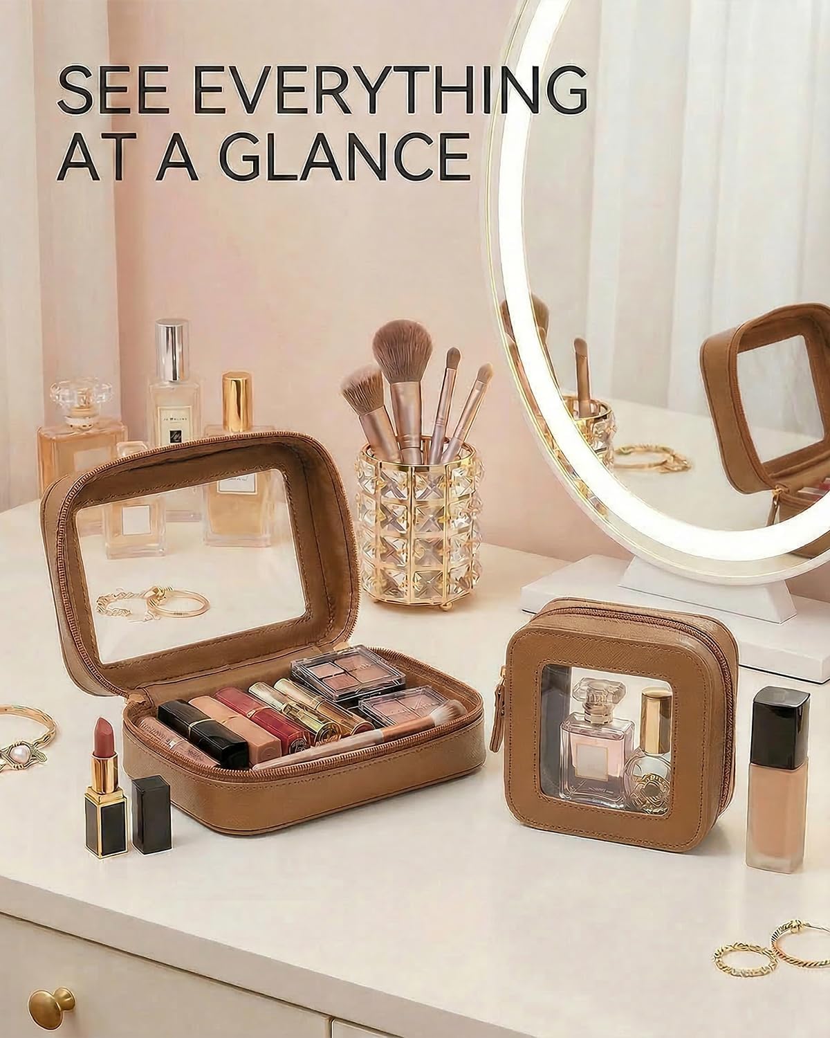 LETGO Clear Makeup Bag Organizer Set, Travel Toiletry Bag Cosmetic Case for Women, Portable Make up Skincare Pouch Car Organizer Bag with Zippers for Essentials (2Pack-Standard & Square, Brown)