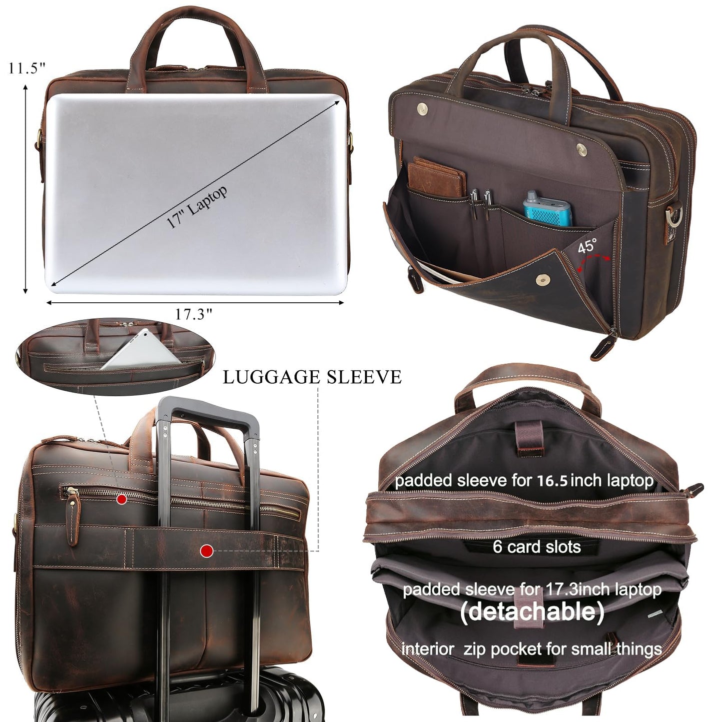 Masa Kawa Vintage Leather Briefcase for Men 17 Inch Laptop Computer Brief Case Business Travel Work Messenger Cross Body Shoulder Bags, Brown