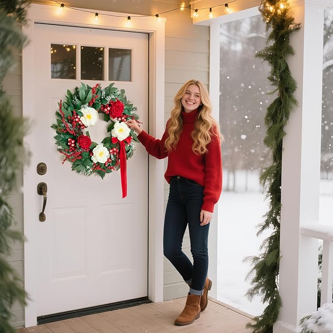 Prelit Christmas Wreaths for Front Door 24 Inch Holiday Wreath with Red Roses, White Peonies, Red Berries, Greenery & Velvet Bow Christmas Door Wreath Indoor Outdoor