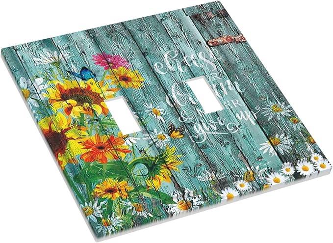 Turquoise Rustic Vintage Wood Planks Sunflower Butterfly Double Toggle Light Switch Cover Decorative 2 Gang Wall Plate Electrical Switchplate Faceplate for Farmhouse Bathroom Decor
