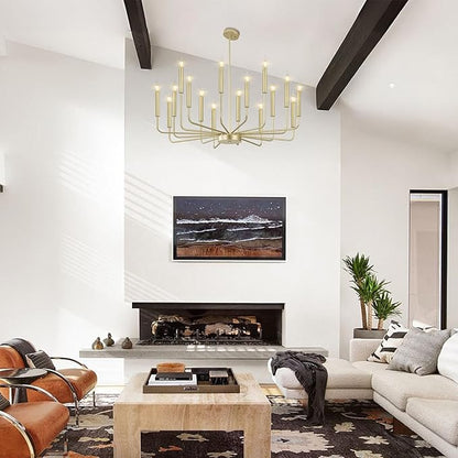 Qamra Modern Farmhouse Gold Chandelier for Dining Room, 16-Light Rustic Candle Chandelier Light Fixture, Industrial Hanging Chandeliers Lighting for Living Room, Kitchen, Staircase, Entryway, Foyer