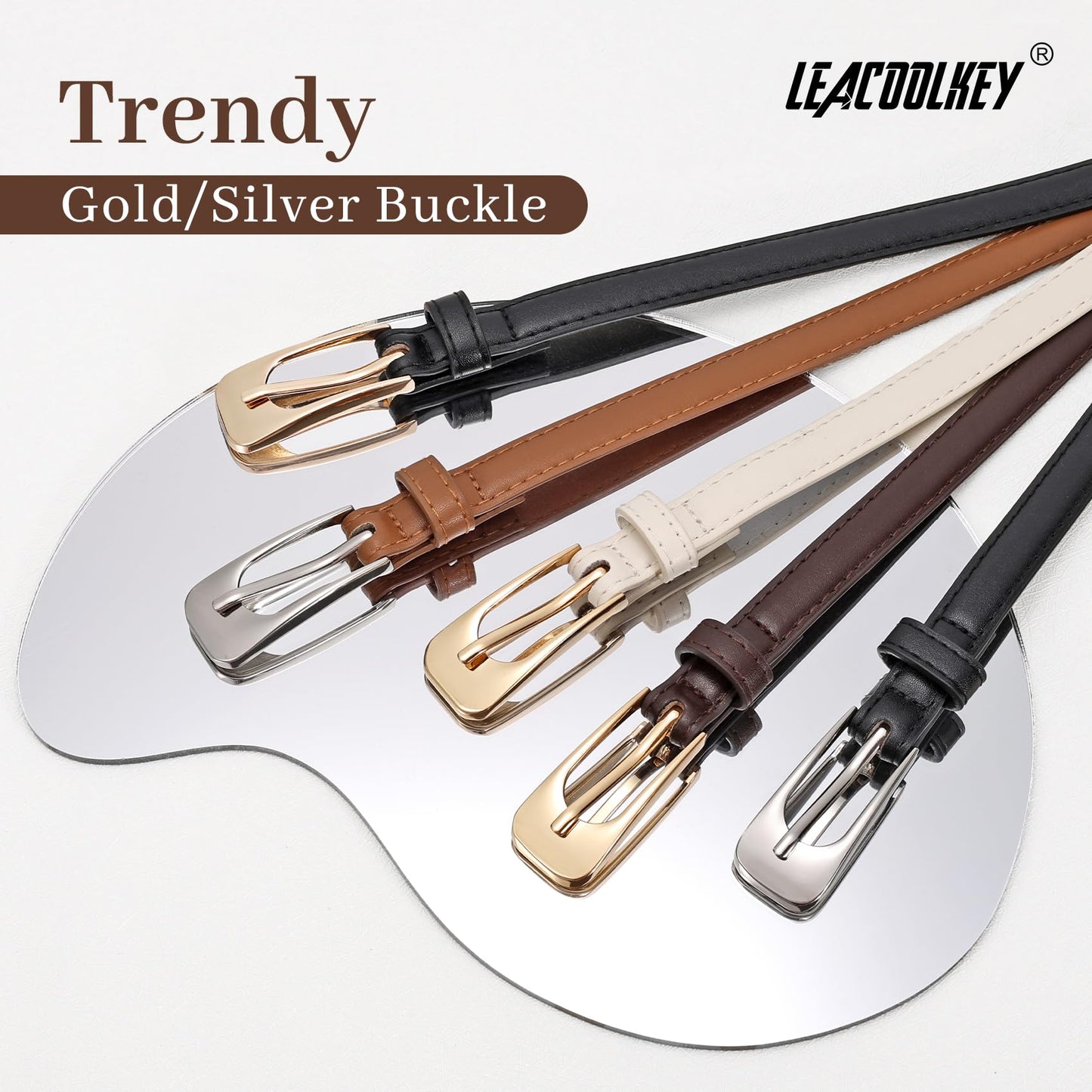 LEACOOLKEY 2 Pack Women Thin Leather Belts Ladies Skinny Waist Belt for Dresses Jeans 0.55" Width