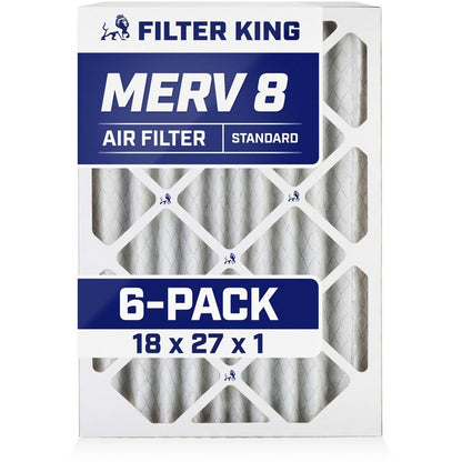 Filter King 18x27x1 Air Filter (MERV 8) (6-Pack) Dust & Allergy Control AC Furnace Filters, MADE IN USA, HVAC, Pleated, Electrostatic (Actual Size: 18 x 27 x .75)