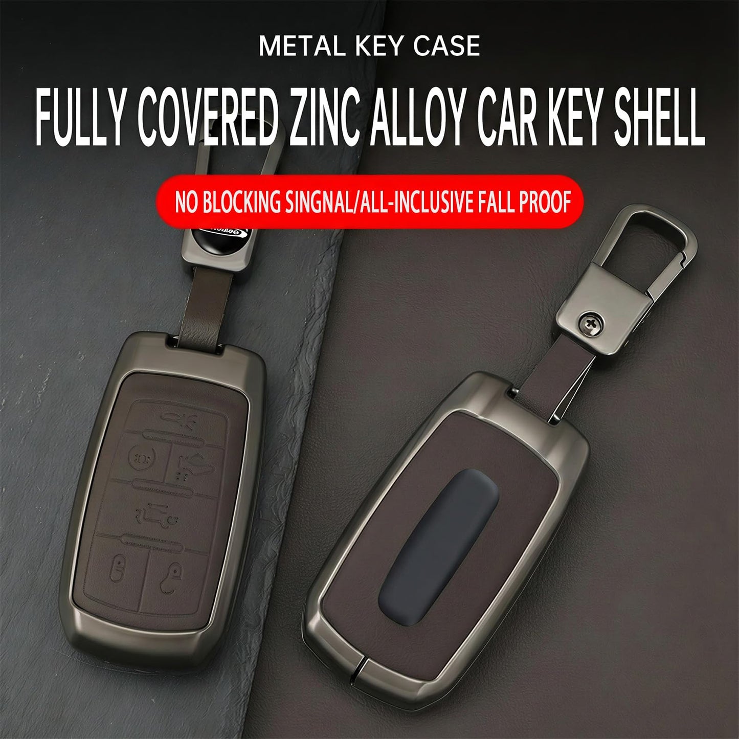 Zinc Alloy Car Key Fob Cover Compatible with 2019-2025 RAM 1500 2500 3500, Metal & Leather Remote Key Case Protector, Full Coverage Hard Shell Holder with Keychain Accessories (B-5-btns-Brown)