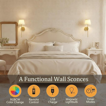 Battery Operated Wall Sconces Set of Two, Rechargeable Wall Sconce Wireless Battery Wall Lamp with 15 Colors RGBCW Dimmable Magnetic Bulbs & Remote for Bedroom Living Room Hallway Decor Gold